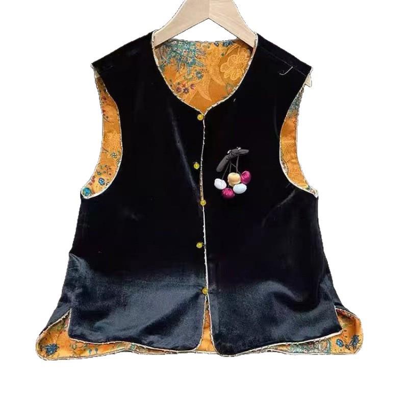 Elegant Black Velvet Double-Sided Shawl Vest for Women - Spring & Autumn Chinese National Style