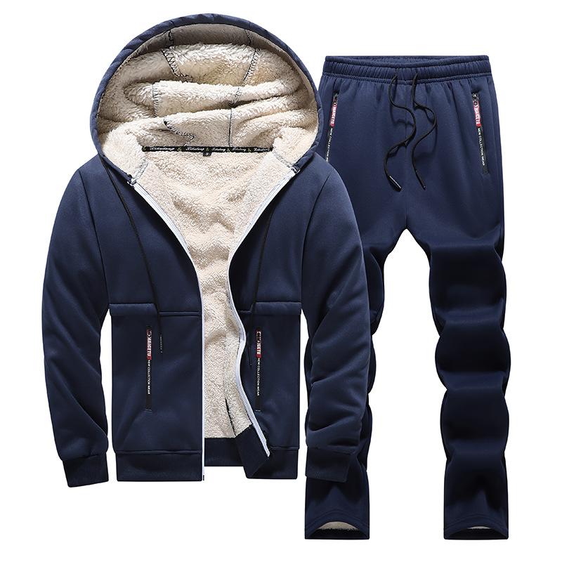 Autumn Winter Fleece Suit Men's Tracksuit Lamb Cashmere Sportwear Casual Warm Hooded Jacket+Pants Set