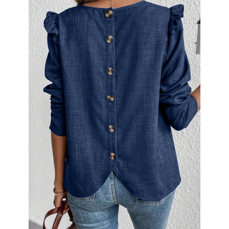 Spring and Autumn Women's Plus Size Blouse Solid Color Back Single-breasted Fashion Long-sleeved Tops
