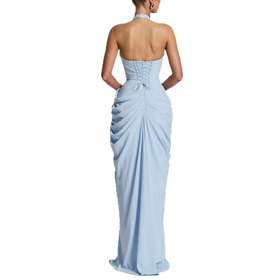 European, American spring and summer new neck split dress INS casual vacation long lace-up dress