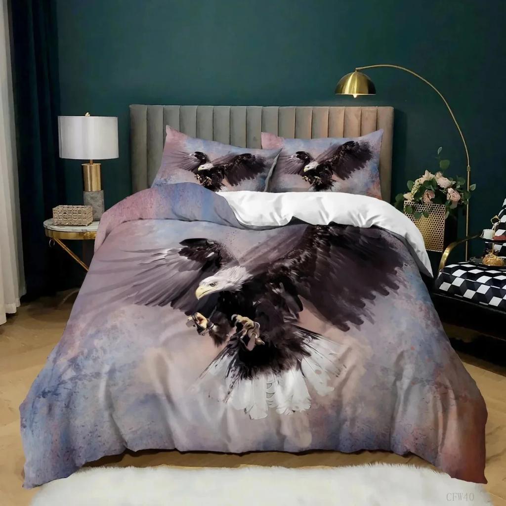 Eagle Påslakanset Polyester Sängkläder för Pojkar Tonåringar Vuxna King Queen Size Grå Vit Påslakan Sängset Täcke