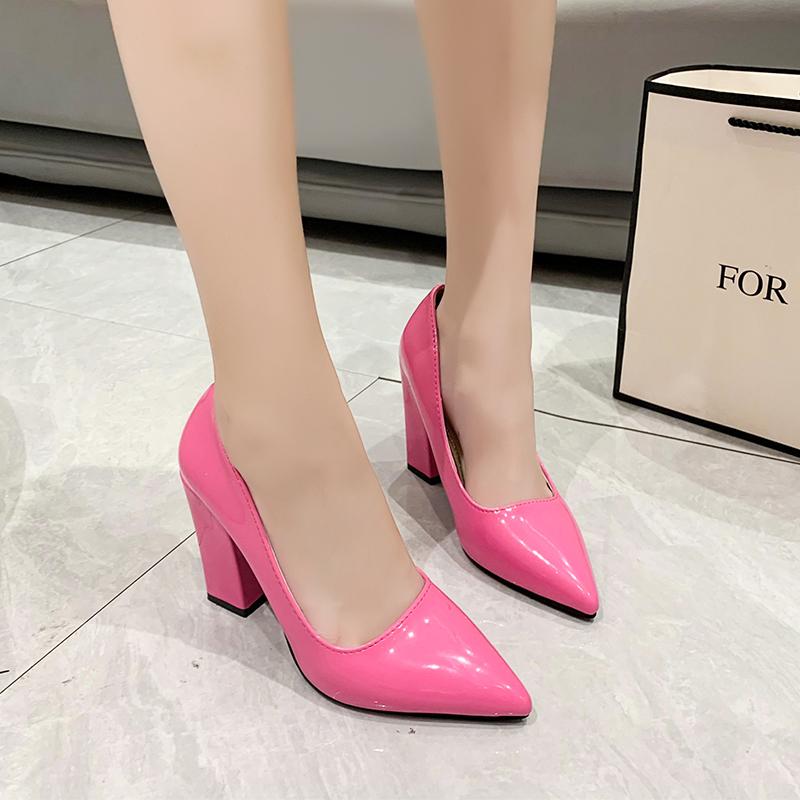 Pantofi cu toc pentru femei, Pantofi colorați de toamnă, Pantofi pentru femei, Toc înalt, Vârf ascuțit, Modă, Tocuri înalte groase, Pantofi din piele lăcuită, Pantofi de damă