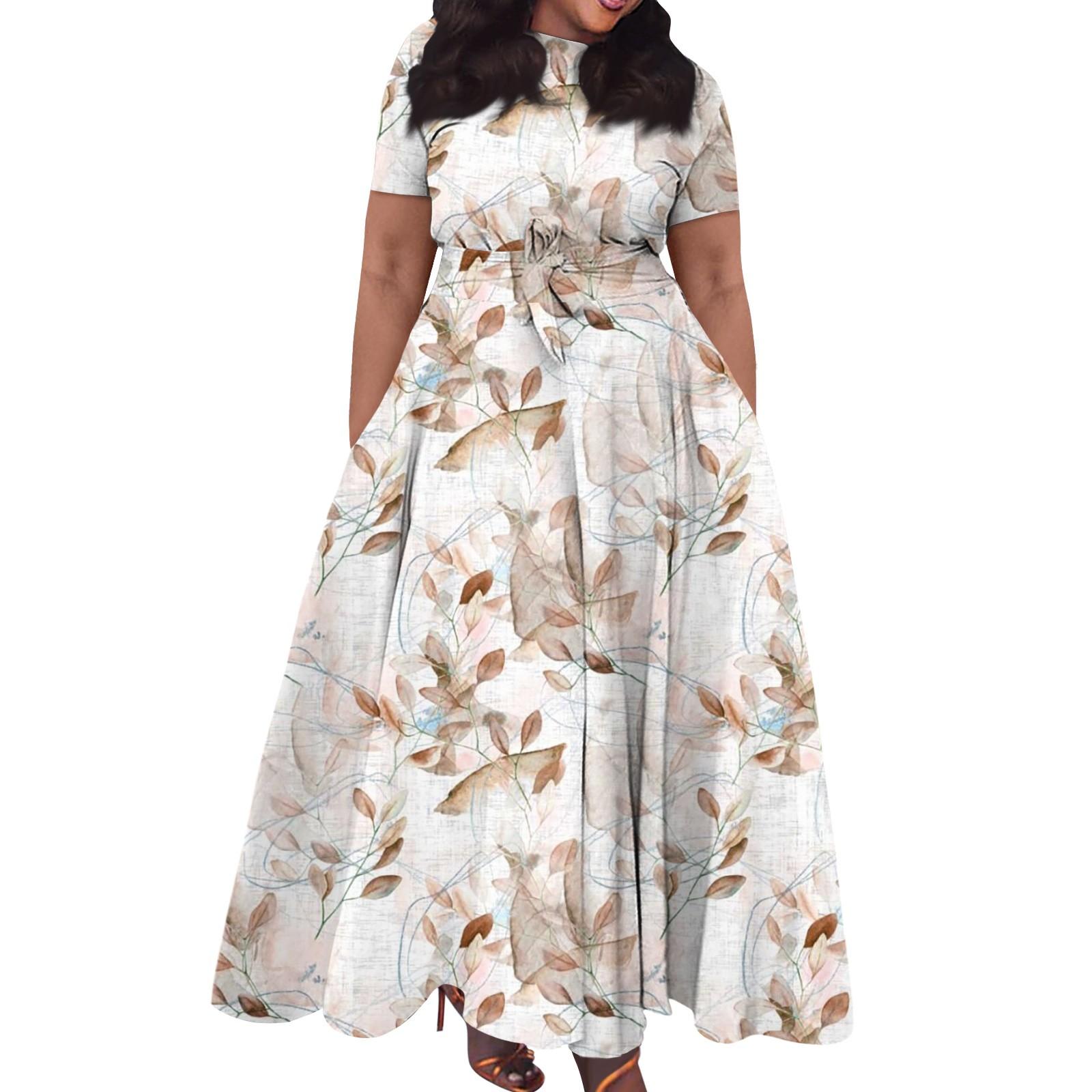 

Женское повседневное модное свободное платье большого размера с принтом, круглым вырезом и короткими рукавами, карманными бретелями XXXXXL бежевый