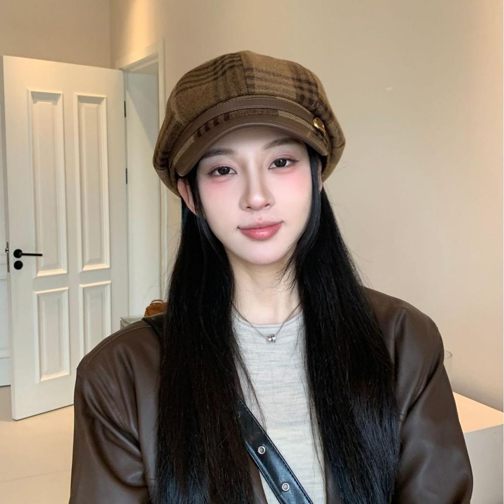 British Style Wool Blend Plaid Newsboy Cap With Wide Brim For Cold Weather Fashion