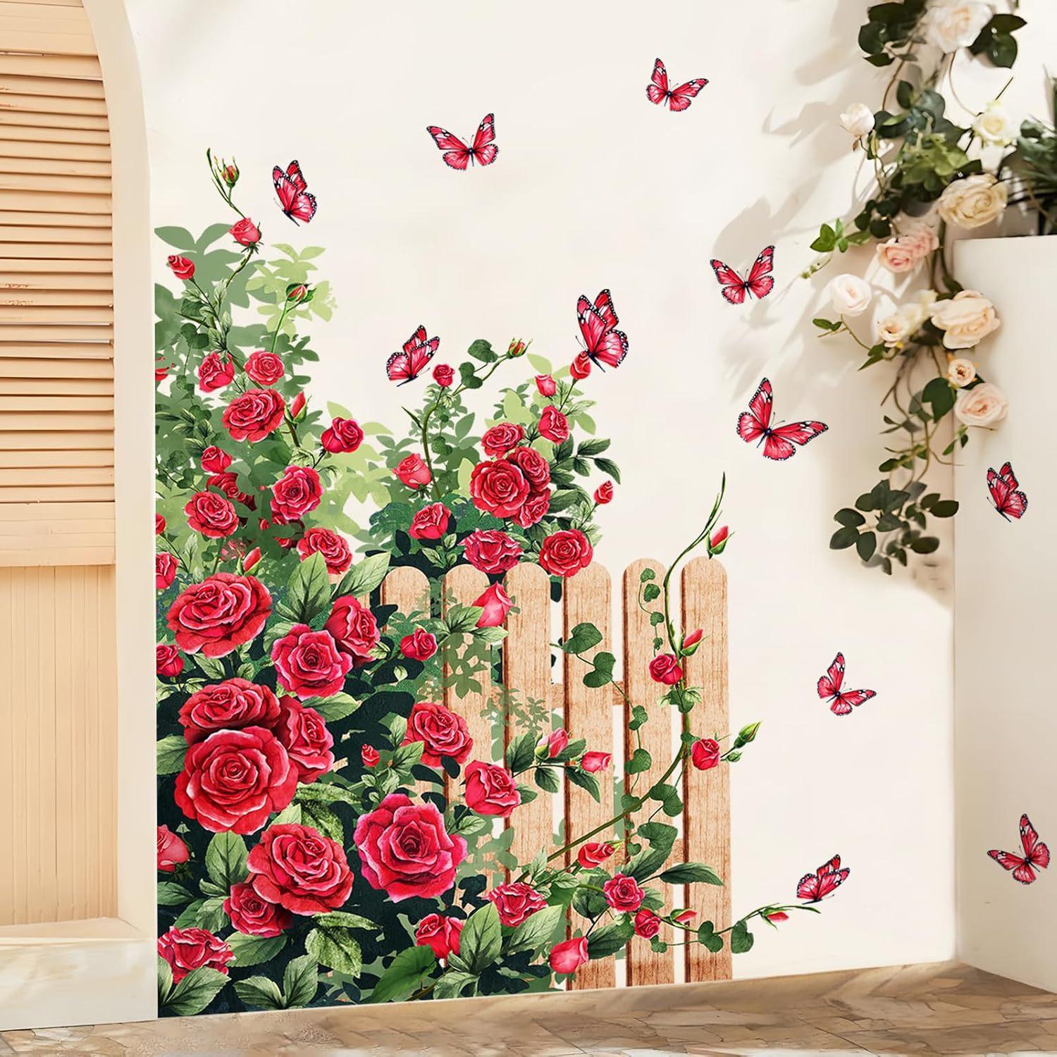 

Red Rose Butterfly Garden Fence Wall Sticker Door Decal For Living Room Decor 40x59cm