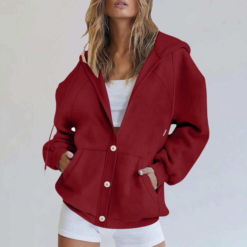 Women's Fashionable Loose Casual Cardigan Button Drawstring Hooded Sweatshirt