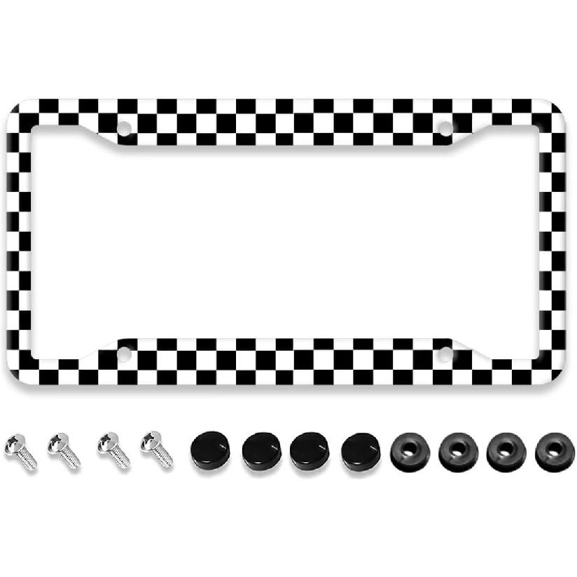 Black White Check Race Flag License Plate Frame - 1 Pcs Funny Aluminum Car License Plate Cover Black White Checkerboard License Plate Holder