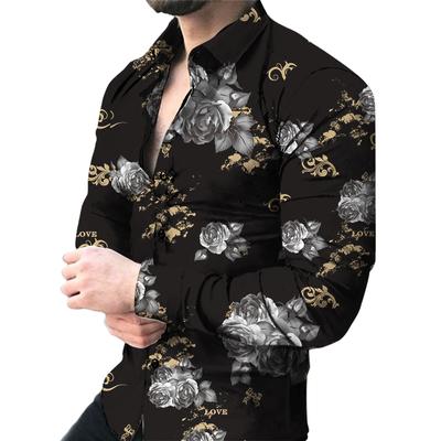 Erkek 3D Gül Baskı Günlük Uzun Kollu Moda Gömlek
