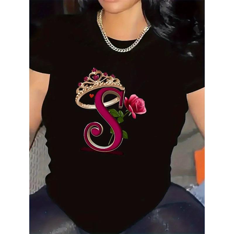 

European Size Black Short Sleeve T-Shirt with Crown Design, Comfortable and Durable,Features Stylish Letter S and Rose Embellishment 4XL чорний