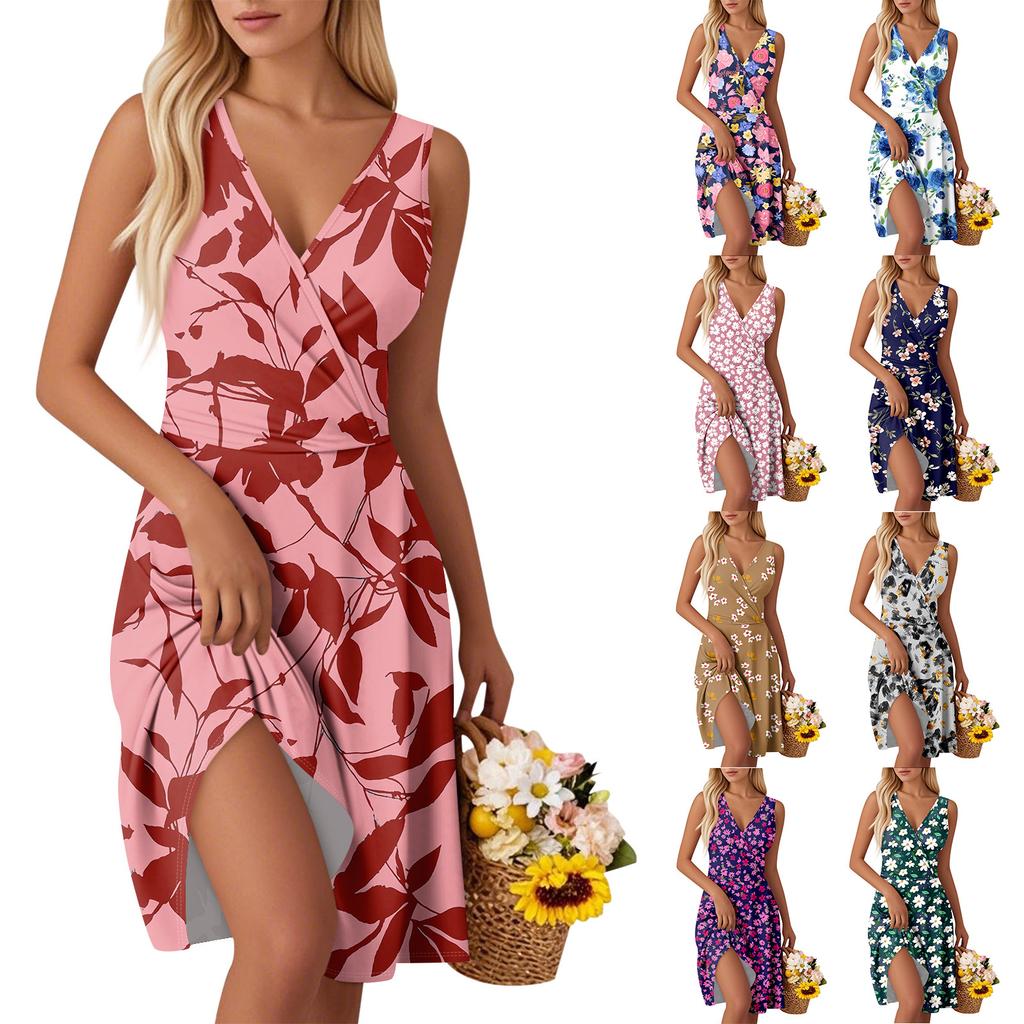 Women's Fashion V-Neck Waist Printed Sleeveless Vest Dresses