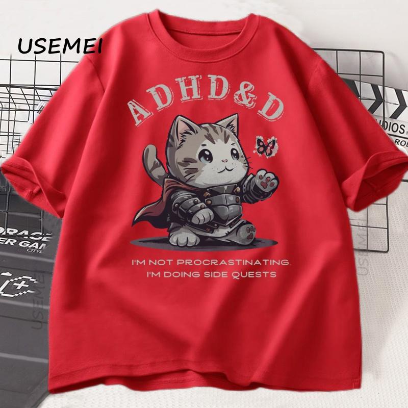 ADHD&D I'm Not Procrastinating Cat T-shirt Funny Graphic Printed Tshirts Cotton Short Sleeve Summer Loose Tees Oversized Tops