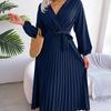 Fashion Soft Comfortable Spring Autumn Women Elegant V Neck Long Sleeve Pleated Maxi Dress Red Blue Casual Green Black Soild Color