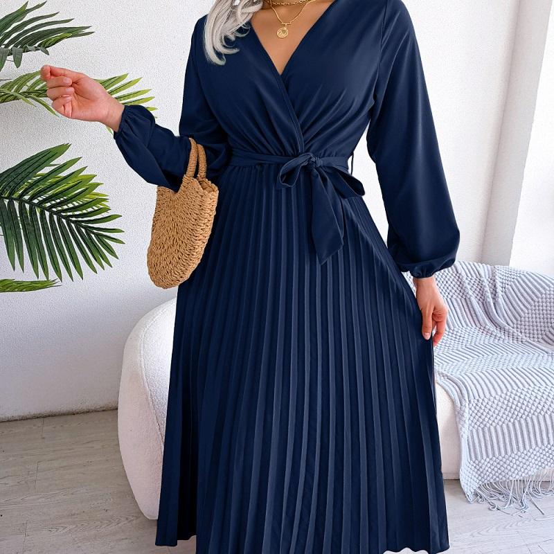 Fashion Soft Comfortable Spring Autumn Women Elegant V Neck Long Sleeve Pleated Maxi Dress Red Blue Casual Green Black Soild Color
