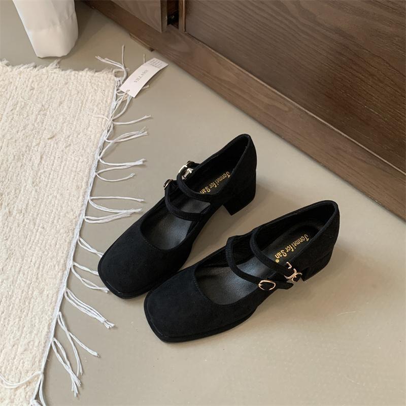 Korean Version Suede Square Head Double Row One-button Thick Heel Light Mouth Single Shoes Women's 2025 Spring and Autumn New Mary Jane Shoes Women