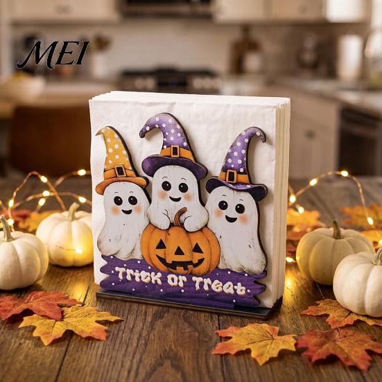 Festive Dining Table Ornament Halloween Wooden Napkin Holder, Ghost Pumpkin Decorative Tabletop Tissue Dispenser, Rustic Kitchen Counter Storage Paper