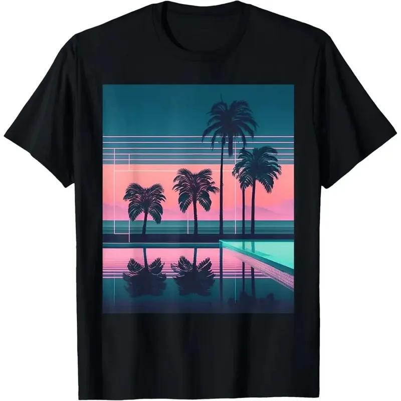 Nowość Unisex Vaporwave Zachód Słońca Palma Basen Graficzny T-shirt Casual Krótki Rękaw Okrągły Dekolt Retro Synthwave Streetwear Top