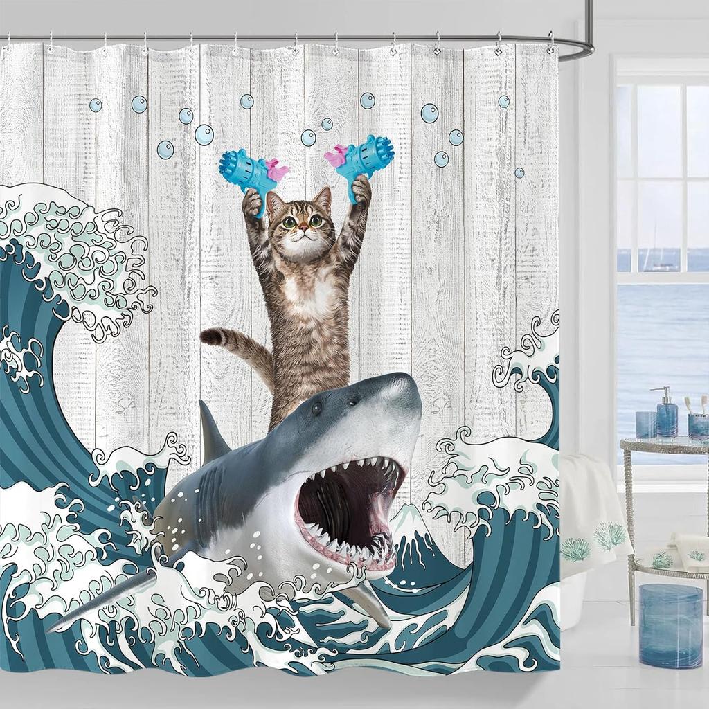 Funny Cat Shower Curtain Set Great Wave Art Style Relaxing Feline Waterproof Bathroom Shower Curtain Japanese Scene Home