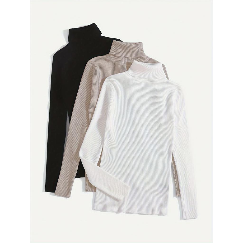 3 Pack Turtle Neck Ribbed T-Shirt, Versatile Slim Solid Color Long Sleeve T-Shirt for Spring & Fall, Women's Clothing