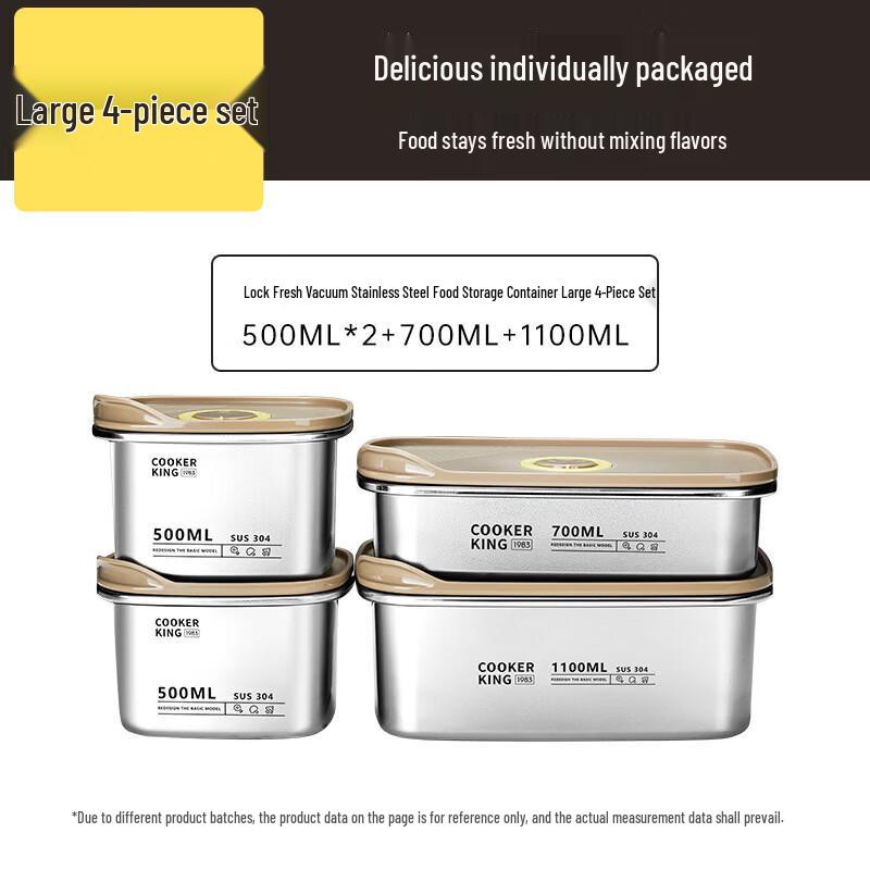 COOKER KING Vacuum Stainless Steel Food Storage Container 4-Piece Set