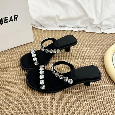 Fashion Chunky Sandals Summer New Square Head Shallow Mouth Rhinestone Buckle Anti-slip Wear-resistant High Heels