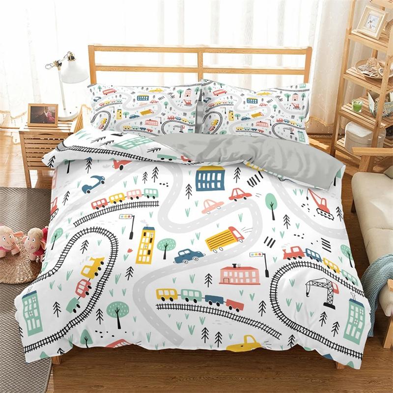 Coleções de Roupa de Cama de Trem de Desenho Animado 23 Peças Capa de Edredom Carro de Brinquedo Caminhão Capa de Colcha Macia Tamanho Solteiro Queen King Capa de Edredom de Poliéster