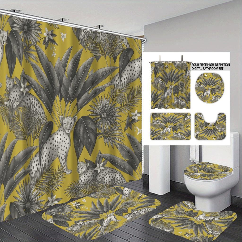 Bathroom Four-Piece Leopard 3D Digital Printing Shower Curtain Set Non-Slip Floor Mat