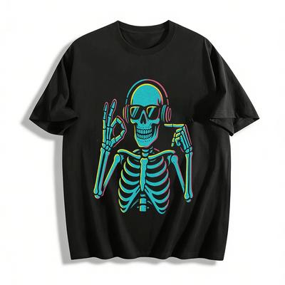 Cool Music Skeleton Print Casual Crewneck Top Pure Cotton T-shirt