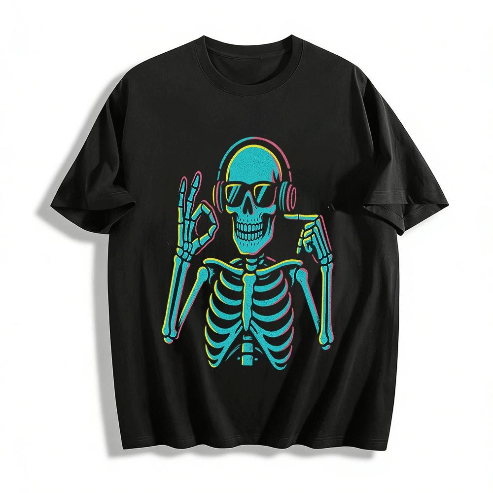 Cool Music Skeleton Print Casual Crewneck Top Pure cotton T-shirt XXS