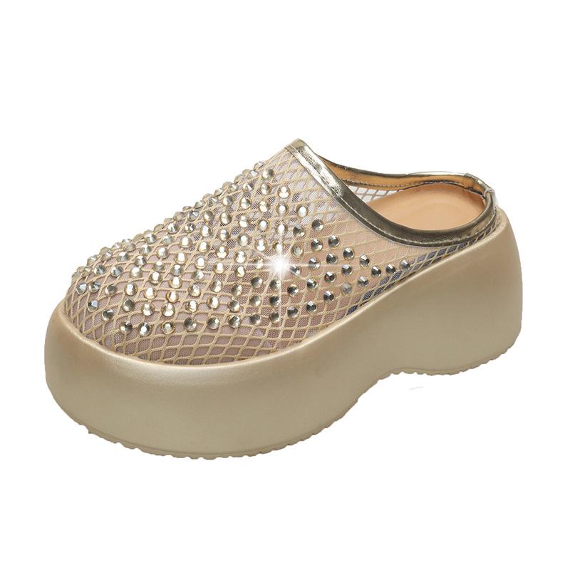 2025 summer new fashion trend rhinestone one pedal beach hollow thick-soled bag head half slippers women