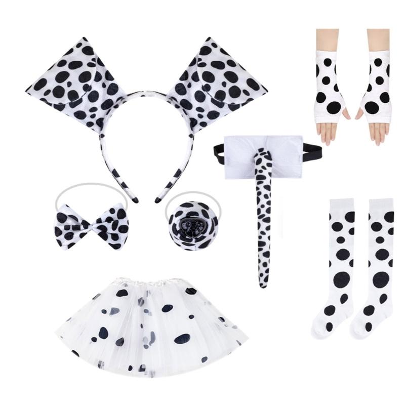 Dalmatiner Welpen Kostüm Set Ohr Stirnband Schwanz Fliege Nase Handschuh Tutu Rock für Kind Halloween Weihnachten Tier Cosplay