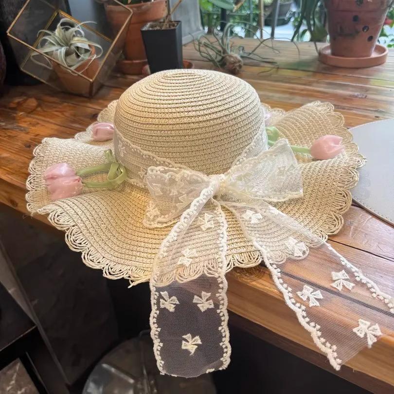 Summer Flowers Straw Hat Lace Straw Hat UV Sun Protection Beach Beach Photography Girl Big Hat Brim