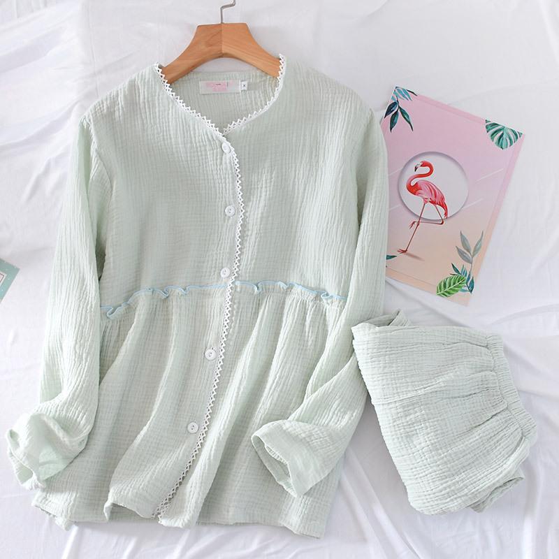Autumn and Winter Women's Pajamas 2-Piece Set 100% Crepe Cotton Ladies Lace-Trimmed Sleepwear Pajamas Long-Sleeved Trousers Set