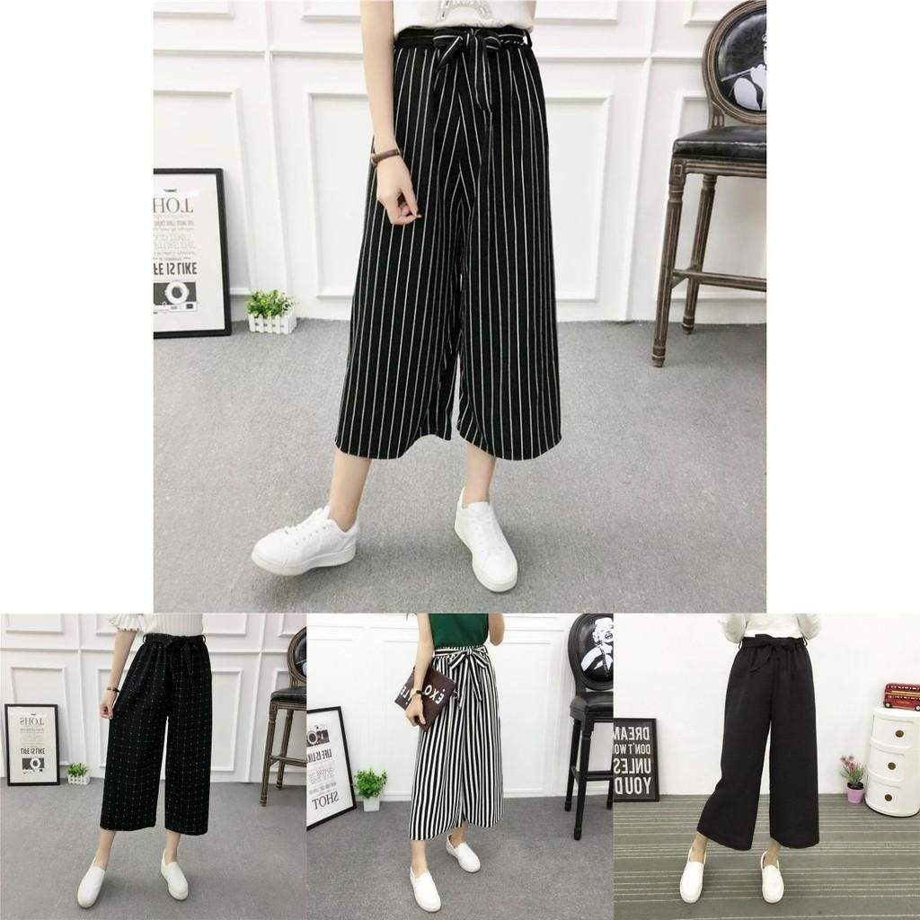 Women Wide Korean Leg High Waist Loose Baggy Casual Striped Crop Trousers Pants