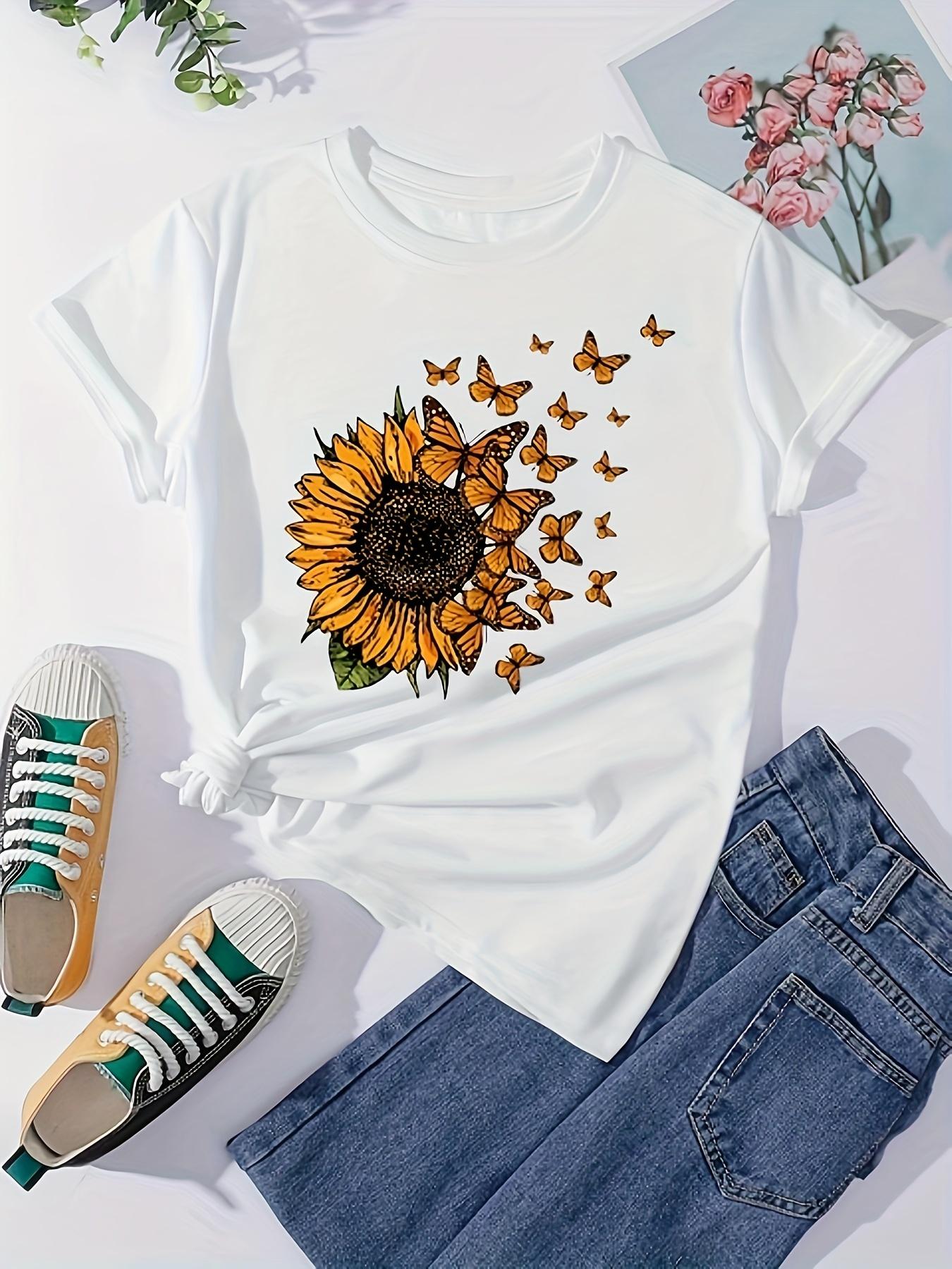 

Футболка с надписью «Sunflower Love» для лета, милая и модная женская футболка, повседневная футболка с коротким рукавом, обычная женская футболка с рисунком, одежда XXL