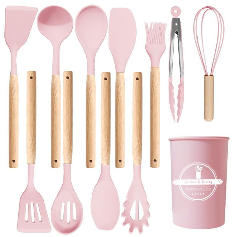 12-Piece Silicone Kitchen Utensil Set With Wooden Handle Heat-Resistant Non-Stick Cooking Tools Home Use