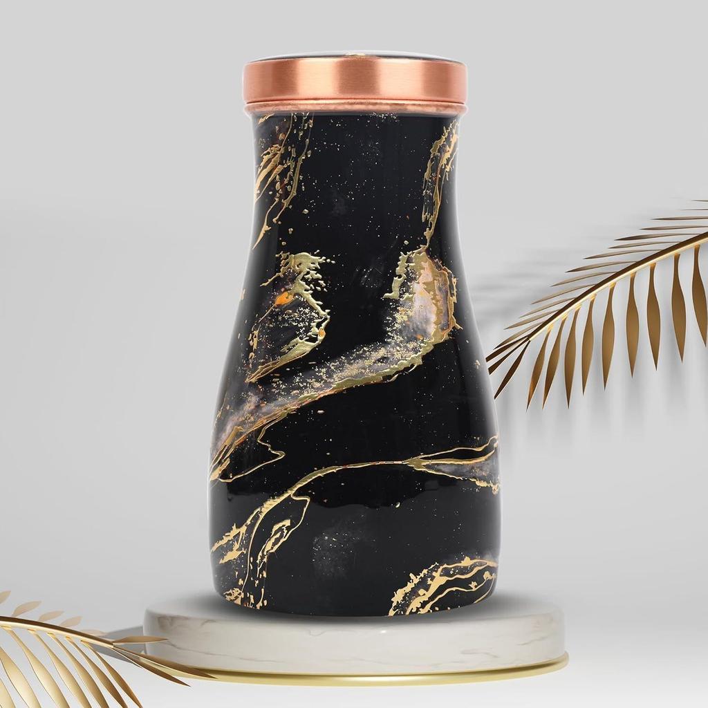 Copper Bottle with Built in Glass Joint Free and Black Marble Enameled Design Finish Bottle for Ayurvedic Health Benefits Yoga 1000 ML,