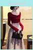 Butterfly Love Spring Autumn Knit Red Top High Waist Tie Floral Long Skirt Set For Women