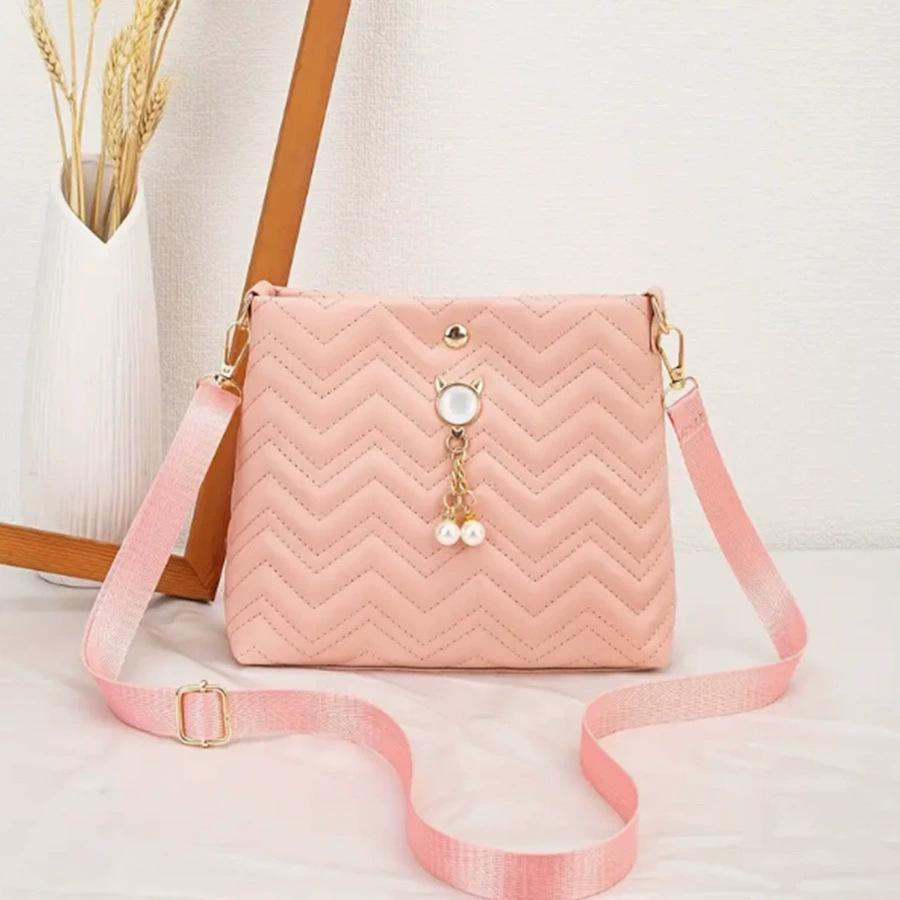 Stylish Wave Stripe Quilted Cat Pearl Pendant Decorative Simple Ladies Crossbody Bag Bag