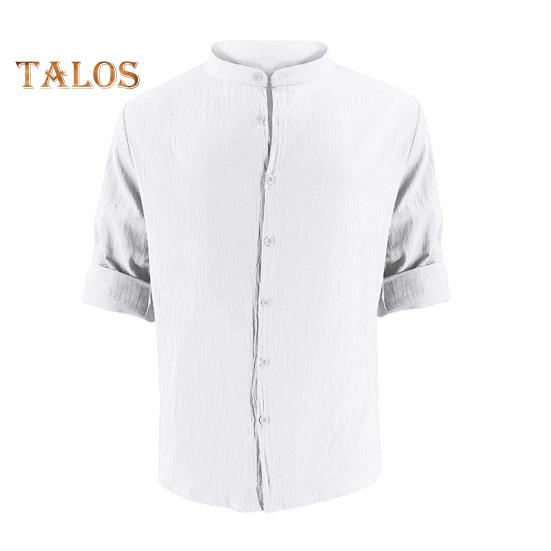 Men Cotton Shirt Long Sleeve Button Down Solid Color Shirt Henry Collar Casual Top with Adjustable Sleeves for Daily Wear Beach Vacation