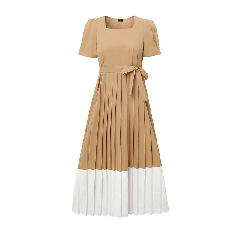 VONDA Elegant Women Casual O Neck Front Pleating Stitching Long Office Dress