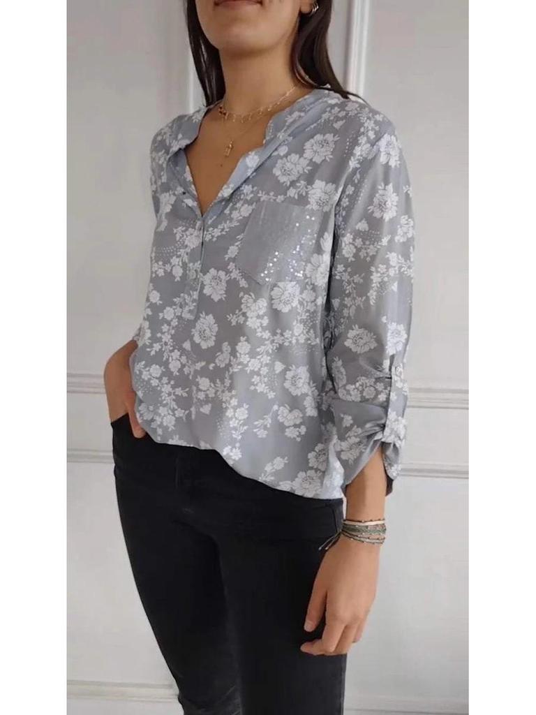 2025 Spring/Summer Women's Loose Casual Long-Sleeve Sequin Pocket Print Shirt