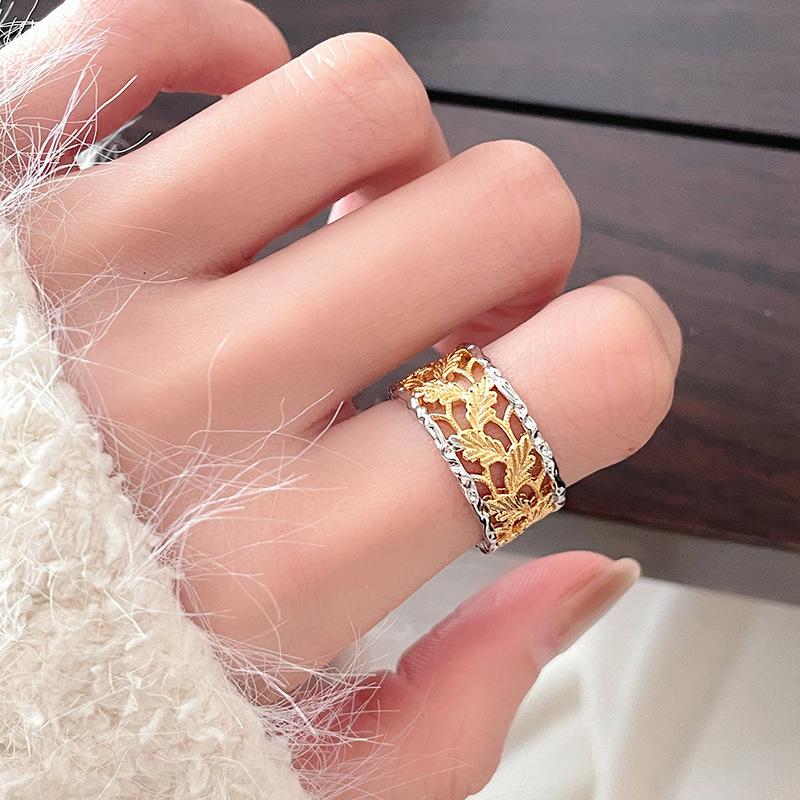 Gold Hollow Pattern Retro Open Ring High Sense Medieval Two-Color Classical Court Style Zircon Ring
