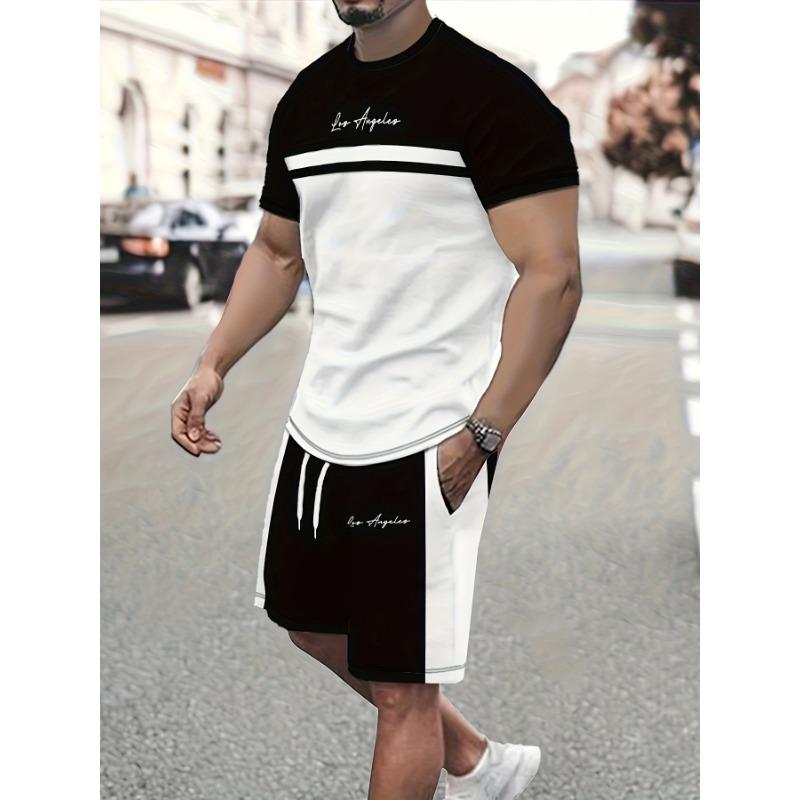 Summer Men's Fashionable Casual Set with Color Blocked Stripes, Letters, High-definition Patterns, Printed Short Sleeved T-shirt+shorts Two-piece Set