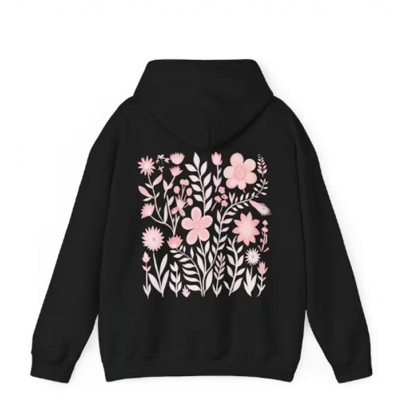 2025 New European Women's Drop Shoulder Ribbed RosaBlumen Hoodie with Printed and Embroidered Options