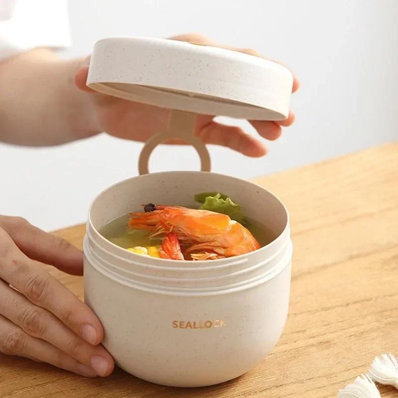 Conjunto de talheres portáteis, lancheira de palha de trigo quadrada, tigela de sopa com colher, garfo, escola, escritório, acampamento, recipiente de comida, conjunto de talheres