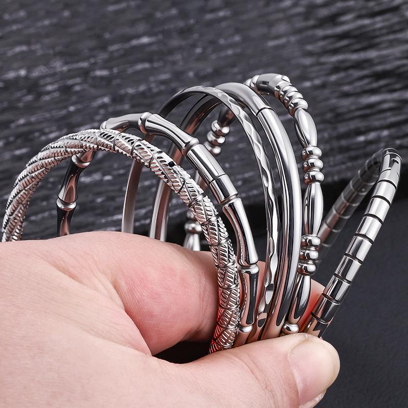 Stainless Steel Bamboo Joint Bangle: European & American Retro Titanium Bracelet