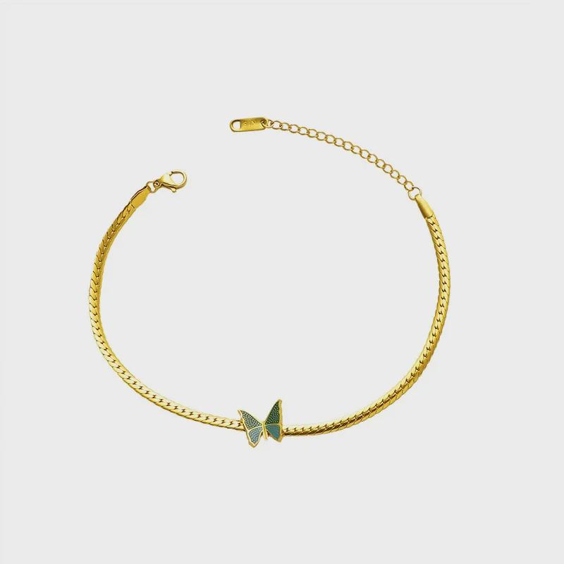 High-Quality Retro Green Butterfly Titanium Steel Anklet with 18K Gold Plating - Fashionable and Elegant Design for Women