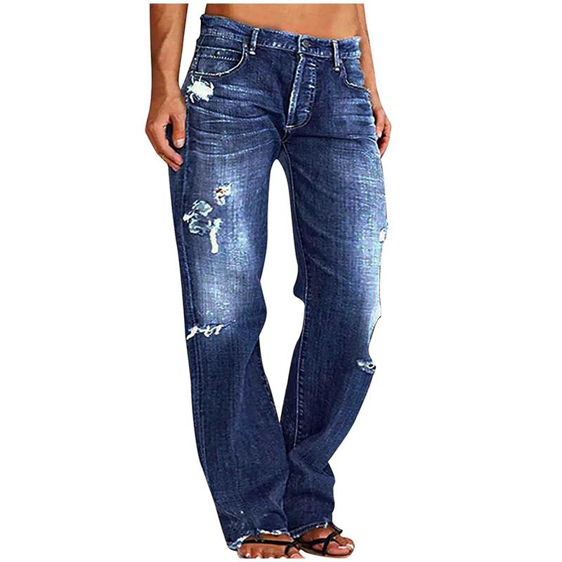 Damen Loch Jeans Vintage Ripped Denim Straight Pants 2025 Streetwear Bodenlang Mittlere Taille Gewaschen Distressed Damen Hose