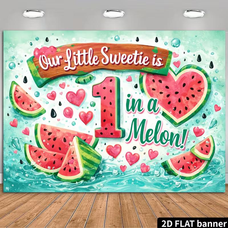 2D One In A Melon Backdrop Watermelon Heart Summer 1st Birthday Photo Banner 47.2x31.5inch/120*80cm