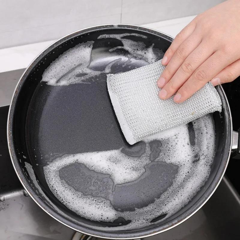 4/8/12/24PCS Double Sided Wire Dishwashing Sponge Thickened Silver Wire Cleaning Rags Pan Pot Dish Wash Scouring Cloth Kitchen Dish Cloth